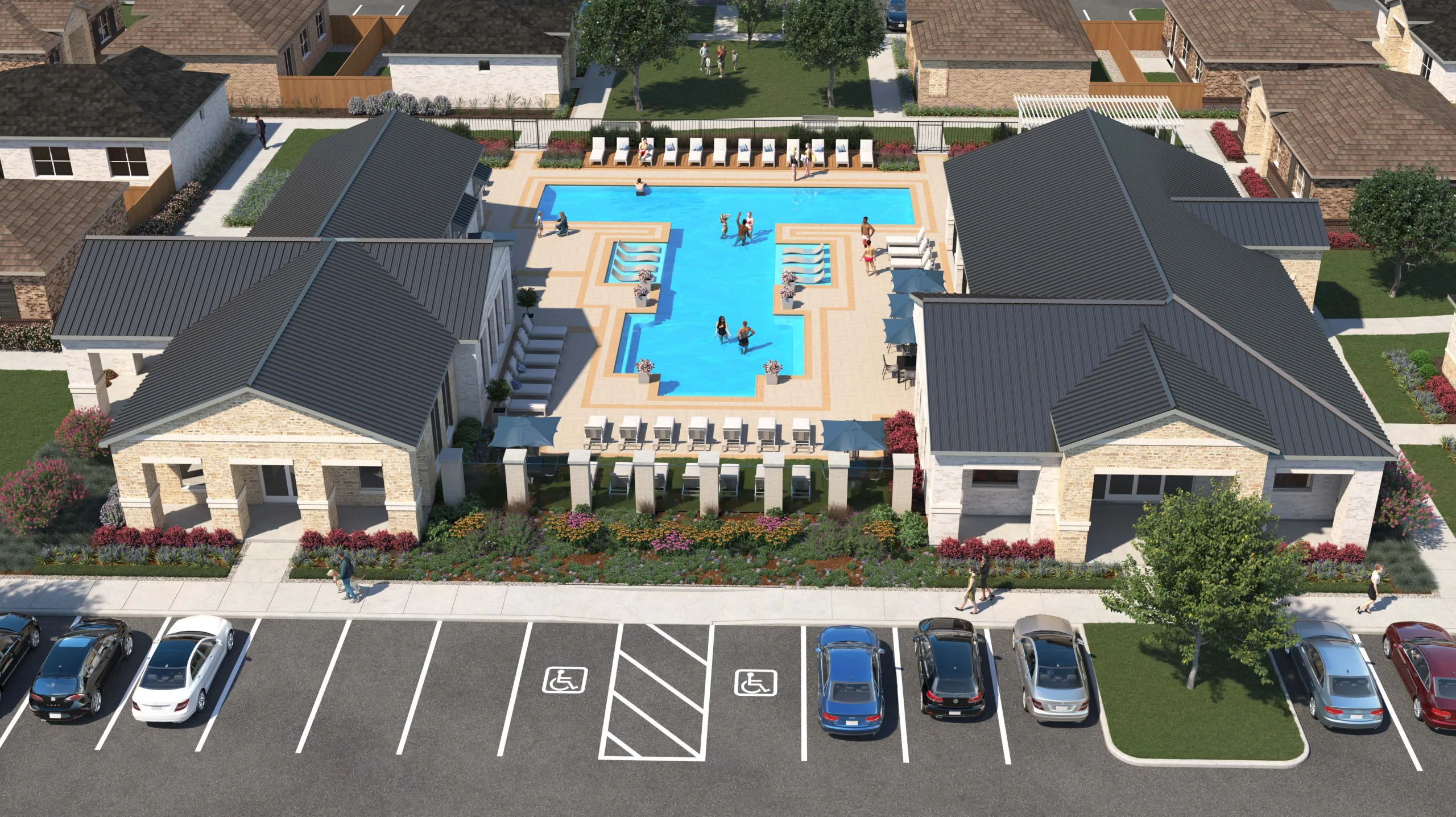 One-story homes for rent with private backyards near Dallas, TX. Rendering of community center arial view of pool, homes, and fitness center building.