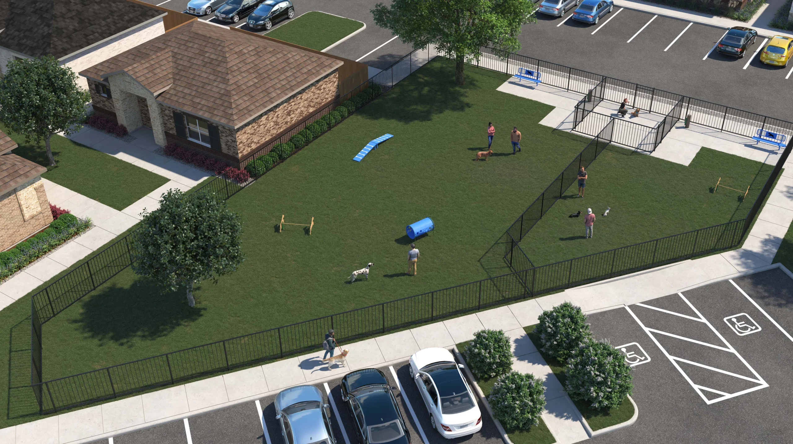 One-story homes for rent with private backyards near Dallas, TX. Rendering of dog park from arial view, fenced park for big dogs and little dogs.