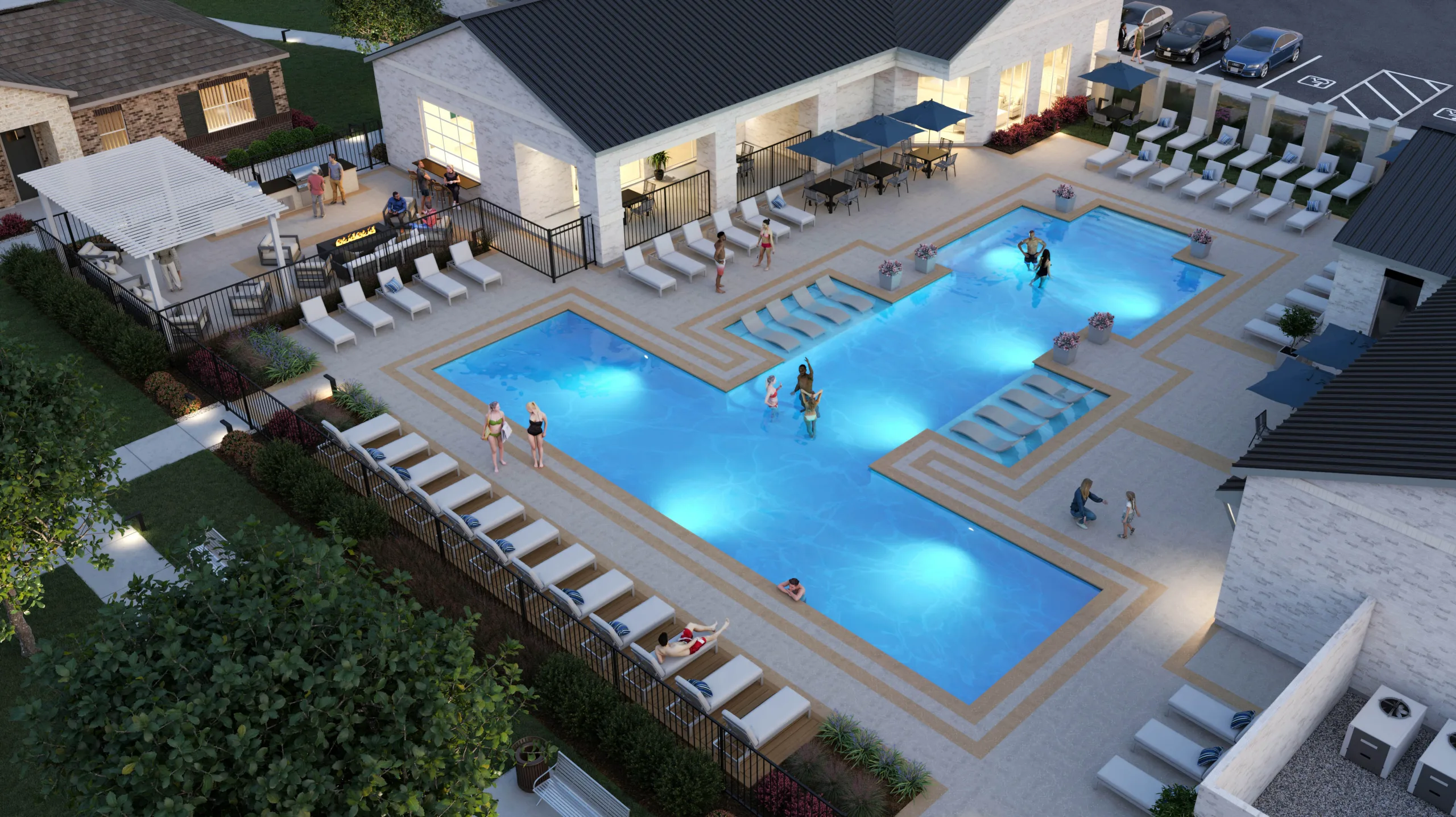 One-story homes for rent with private backyards near Dallas, TX. Rendering of pool from arial view at dusk